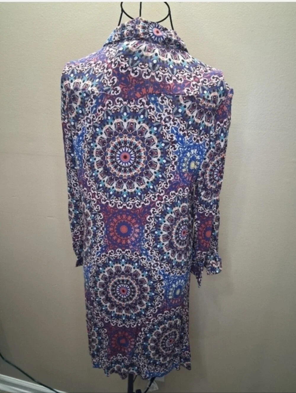 Cupio High Low Paisley Dress Large L Roll-Tab Convertible Sleeve Blue Red Boho - Picture 7 of 11